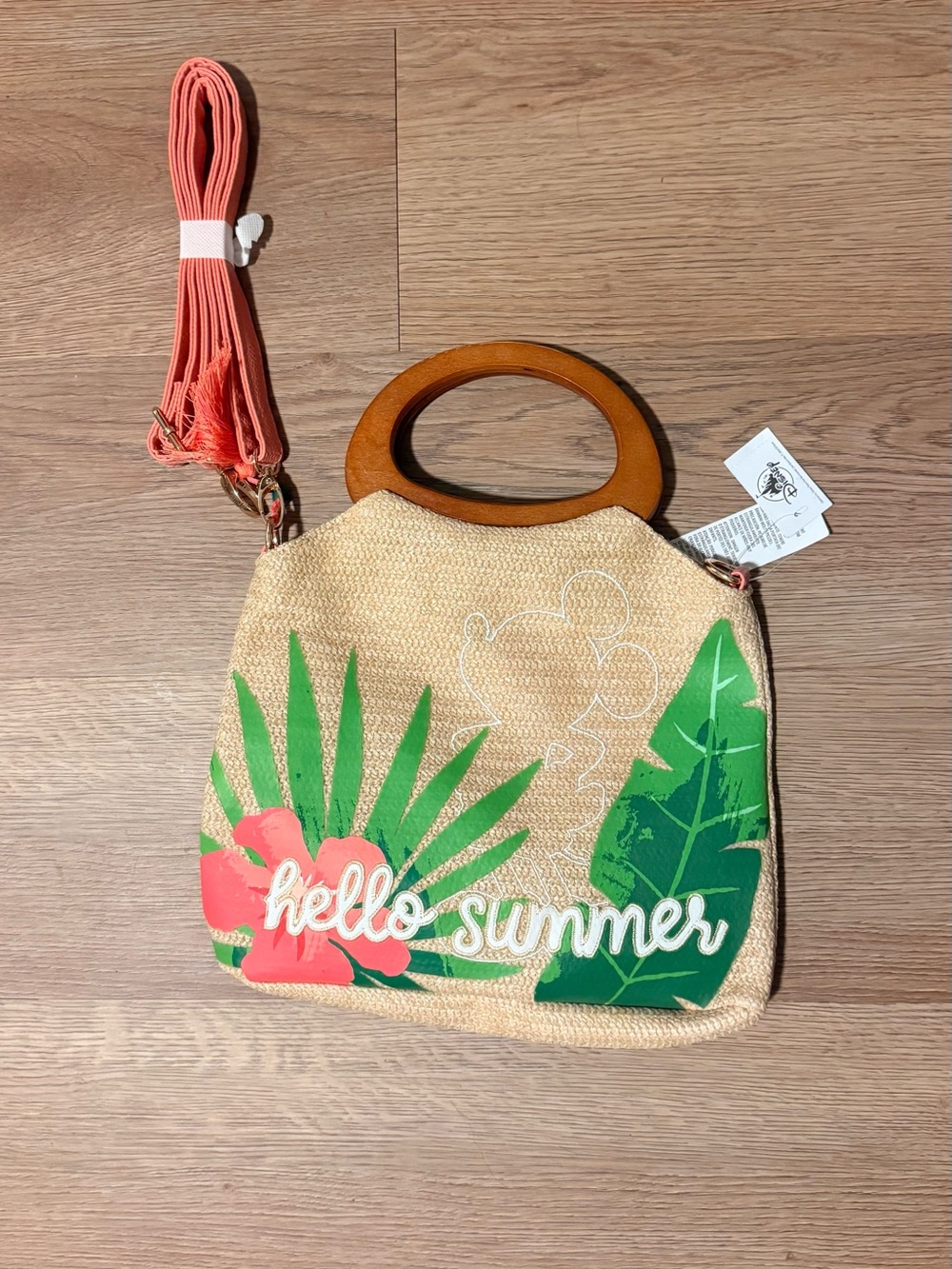 Disney Micky mouse Straw Tote with Coral Flower & Green Leaf Print - Hello Summe